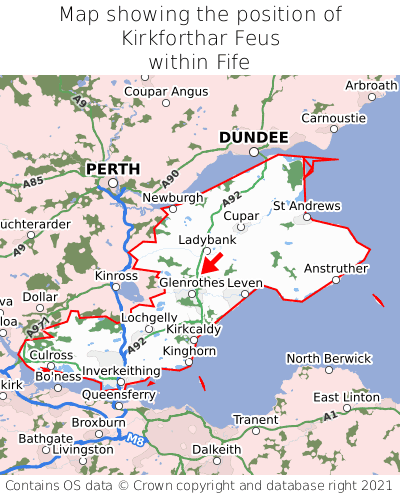 Map showing location of Kirkforthar Feus within Fife