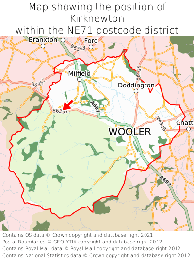 Map showing location of Kirknewton within NE71
