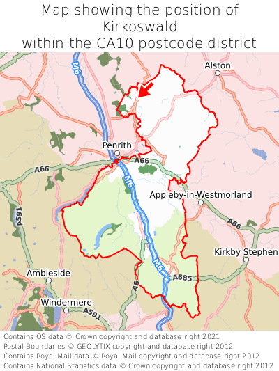 Map showing location of Kirkoswald within CA10