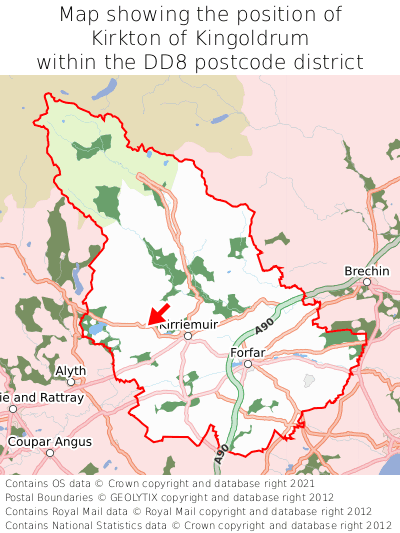 Map showing location of Kirkton of Kingoldrum within DD8