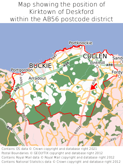 Map showing location of Kirktown of Deskford within AB56