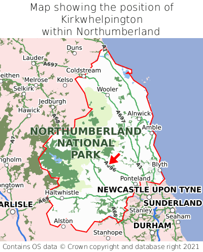 Map showing location of Kirkwhelpington within Northumberland