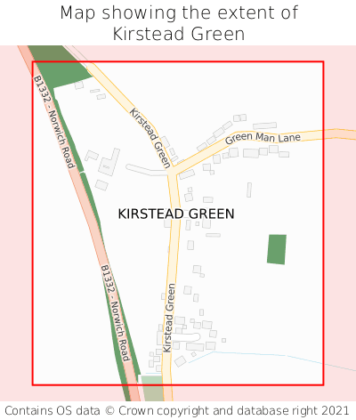 Map showing extent of Kirstead Green as bounding box