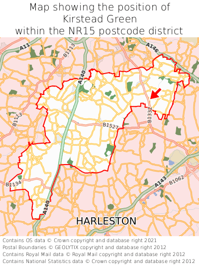 Map showing location of Kirstead Green within NR15