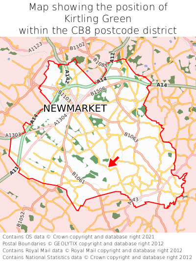 Map showing location of Kirtling Green within CB8