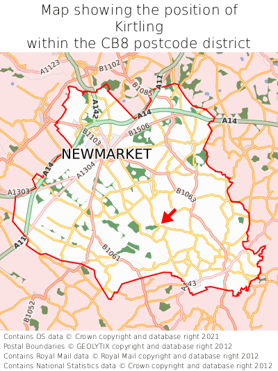 Map showing location of Kirtling within CB8