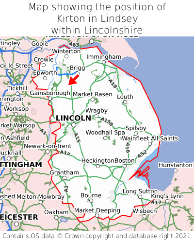 Map showing location of Kirton in Lindsey within Lincolnshire