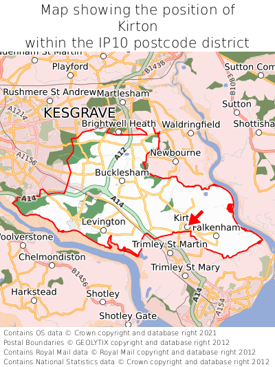 Map showing location of Kirton within IP10