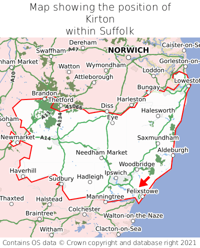 Map showing location of Kirton within Suffolk