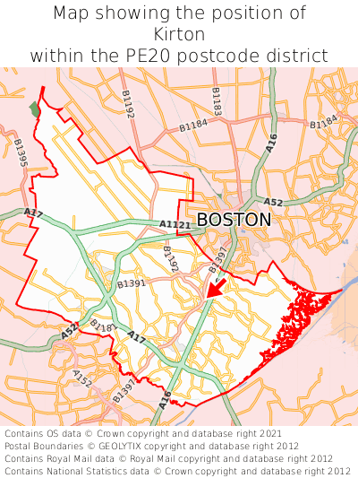 Map showing location of Kirton within PE20