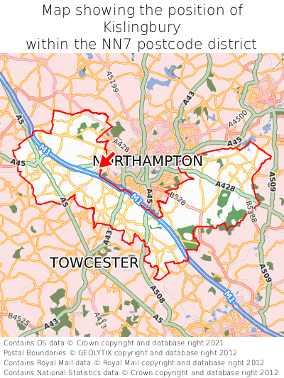 Map showing location of Kislingbury within NN7