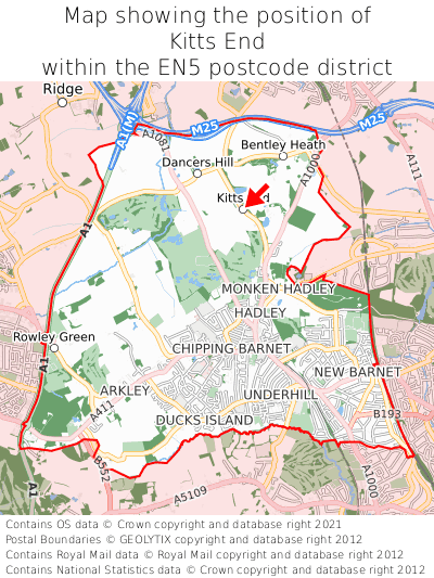 Map showing location of Kitts End within EN5