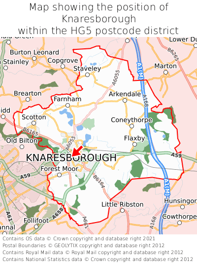 Map showing location of Knaresborough within HG5