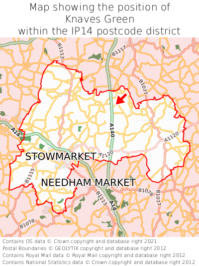 Map showing location of Knaves Green within IP14