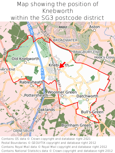 Map showing location of Knebworth within SG3
