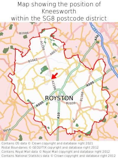 Map showing location of Kneesworth within SG8