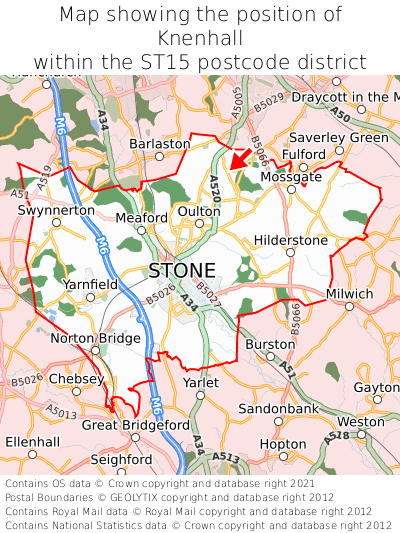Map showing location of Knenhall within ST15