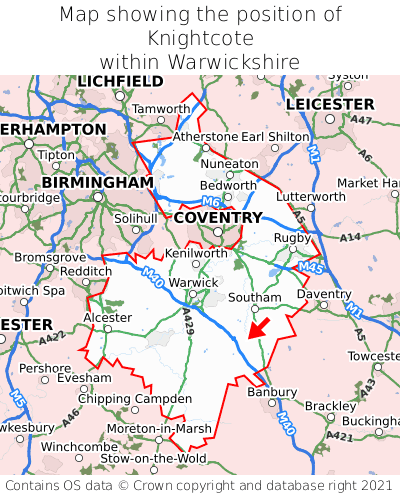 Map showing location of Knightcote within Warwickshire