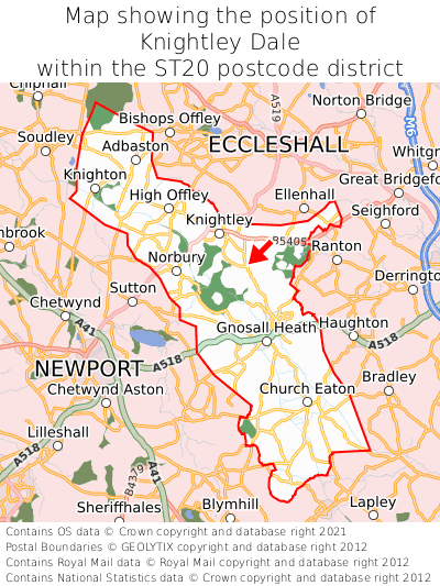 Map showing location of Knightley Dale within ST20