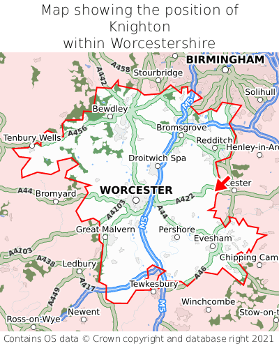 Map showing location of Knighton within Worcestershire