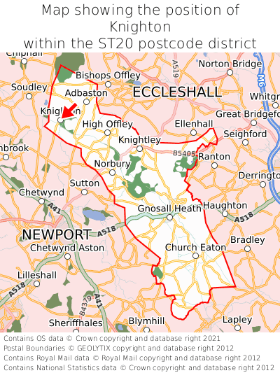Map showing location of Knighton within ST20