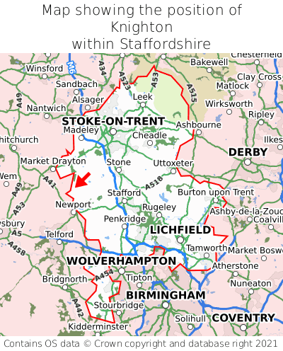 Map showing location of Knighton within Staffordshire