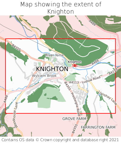 Map showing extent of Knighton as bounding box