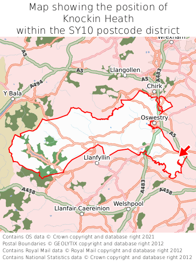 Map showing location of Knockin Heath within SY10