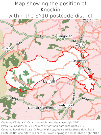 Map showing location of Knockin within SY10