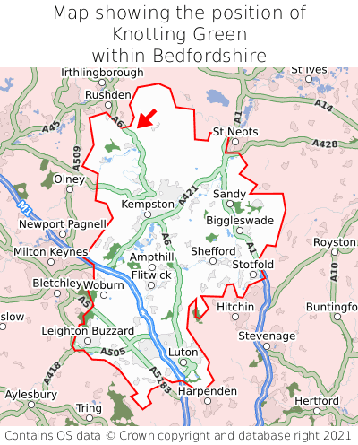 Map showing location of Knotting Green within Bedfordshire