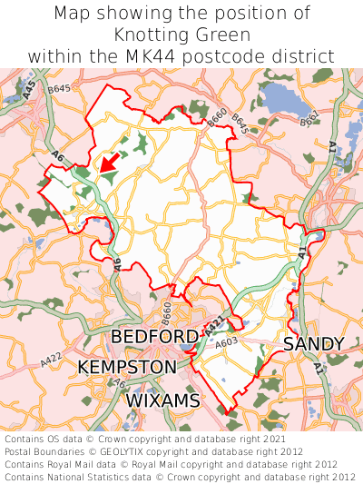 Map showing location of Knotting Green within MK44