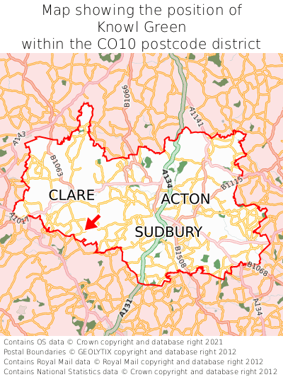 Map showing location of Knowl Green within CO10