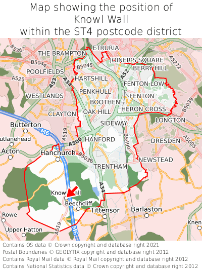 Map showing location of Knowl Wall within ST4
