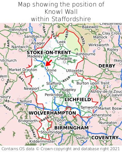 Map showing location of Knowl Wall within Staffordshire