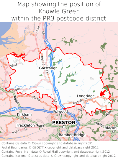 Map showing location of Knowle Green within PR3