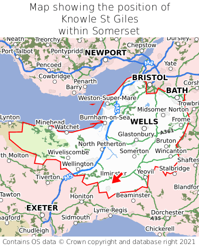 Map showing location of Knowle St Giles within Somerset