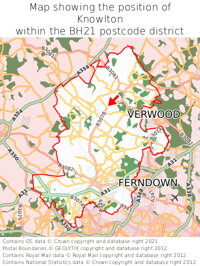 Map showing location of Knowlton within BH21