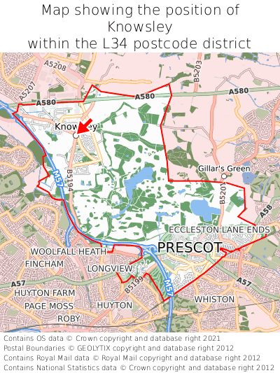 Map showing location of Knowsley within L34