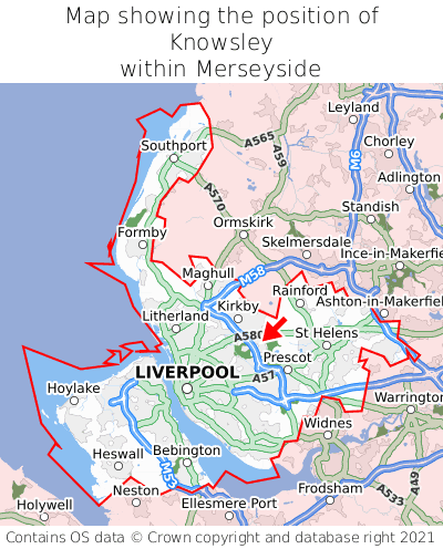 Map showing location of Knowsley within Merseyside