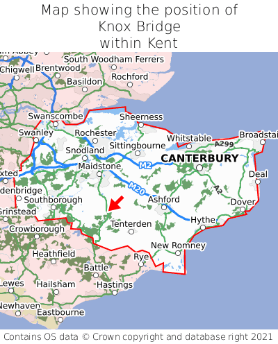 Map showing location of Knox Bridge within Kent