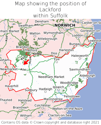 Map showing location of Lackford within Suffolk