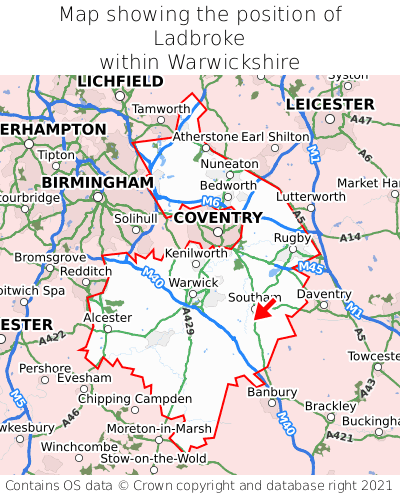 Map showing location of Ladbroke within Warwickshire