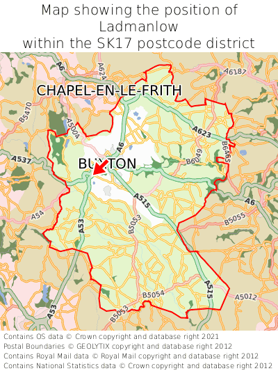 Map showing location of Ladmanlow within SK17