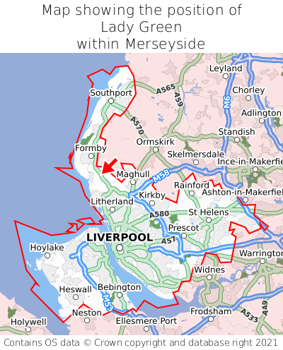 Map showing location of Lady Green within Merseyside