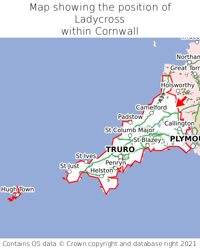 Map showing location of Ladycross within Cornwall