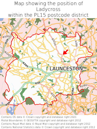 Map showing location of Ladycross within PL15