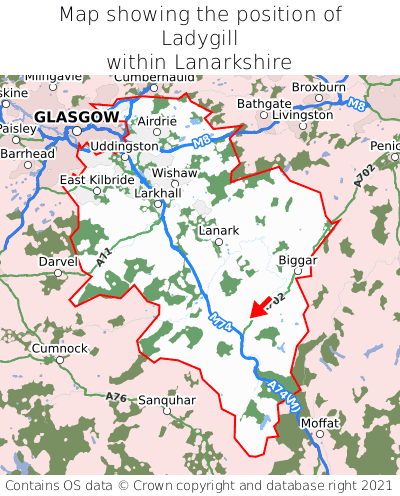 Map showing location of Ladygill within Lanarkshire