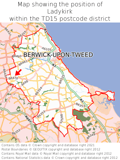 Map showing location of Ladykirk within TD15