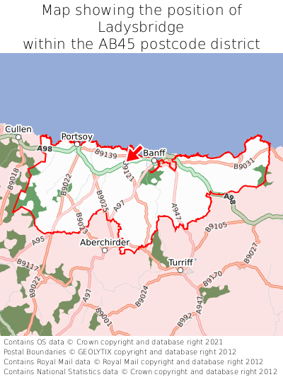 Map showing location of Ladysbridge within AB45