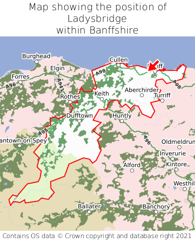 Map showing location of Ladysbridge within Banffshire